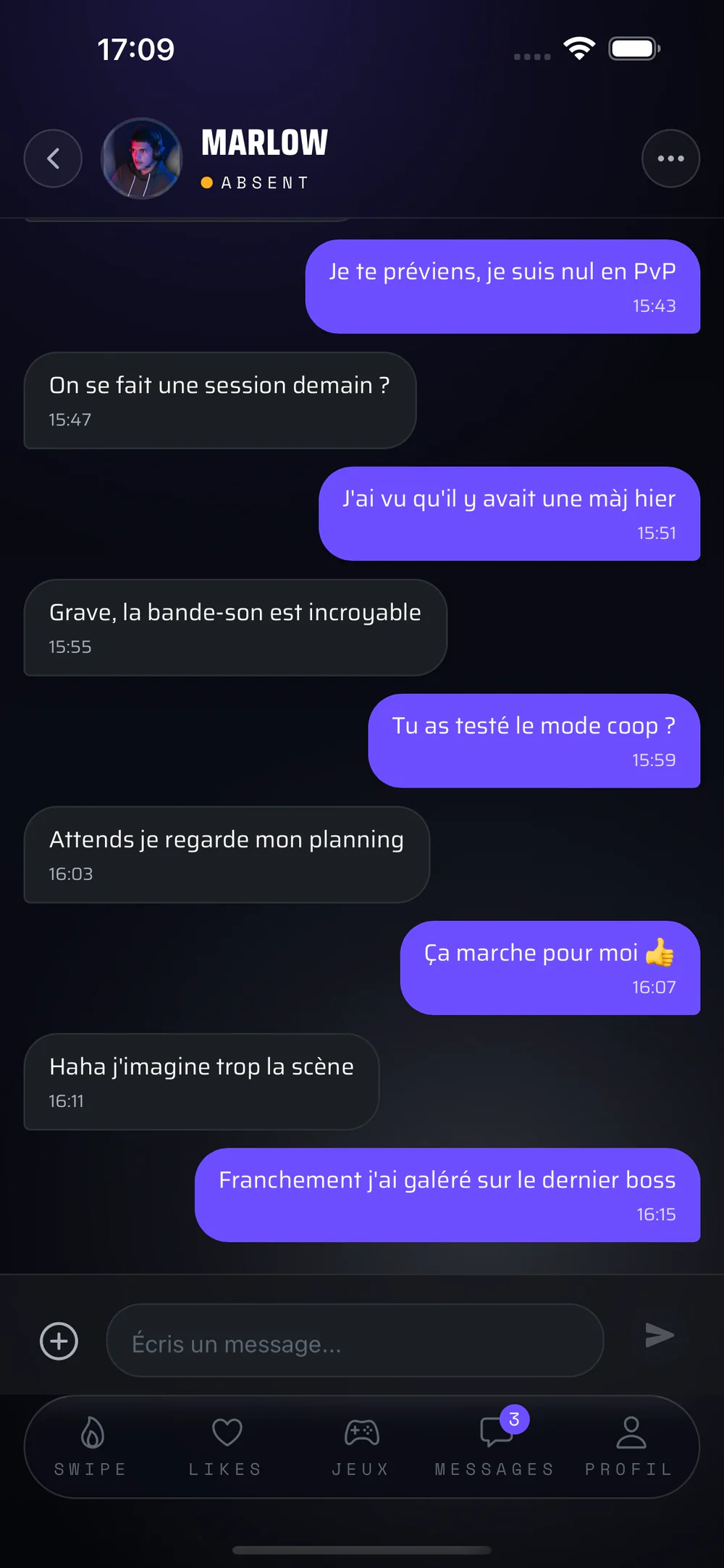 A conversation about setting up a gaming session, the other player's messages in purple.