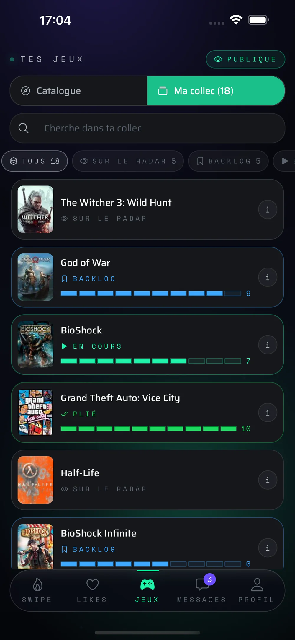 My collection: the list of games with their status and the score bars out of 10, game by game.