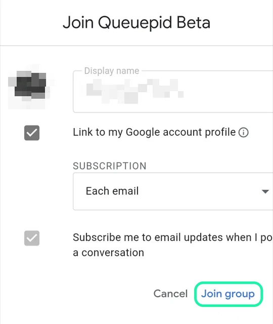 The confirmation window, with the Join group button circled