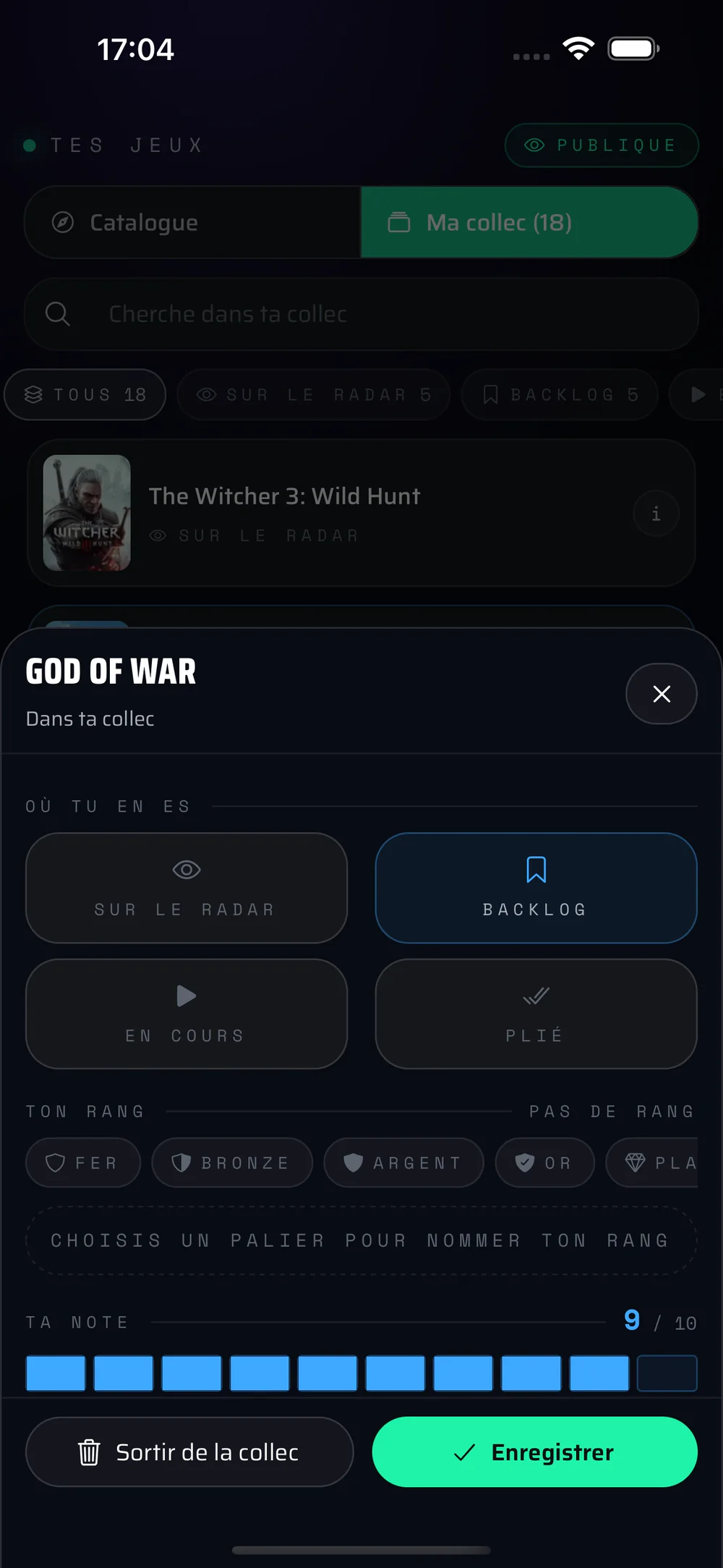 A game panel in the app: God of War, its status in your collection, the tier you reached on it and your score of 9 out of 10.