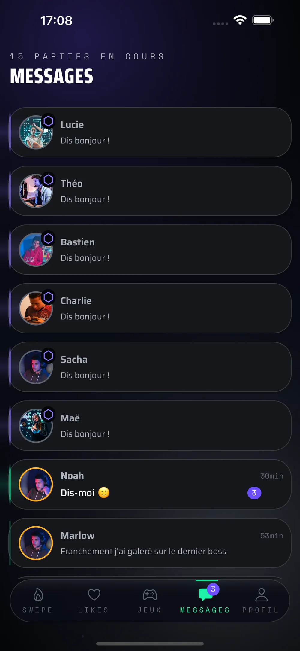 The list of ongoing conversations, with the latest message of each one.