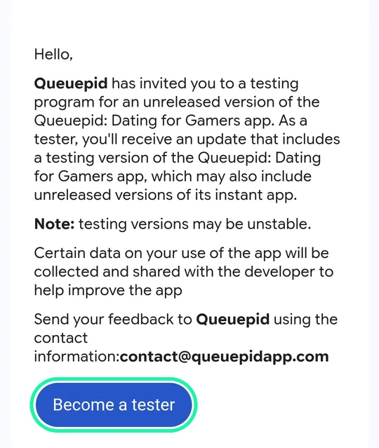 The Queuepid test invitation on Google Play, with the Become a tester button circled