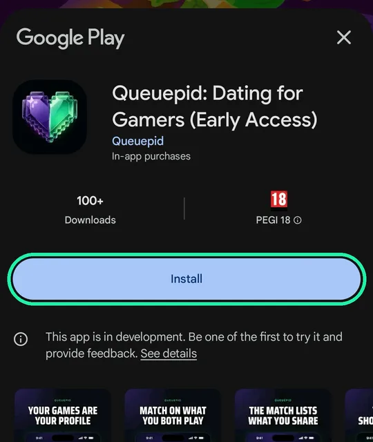 The Queuepid listing on the Play Store, with the Install button circled