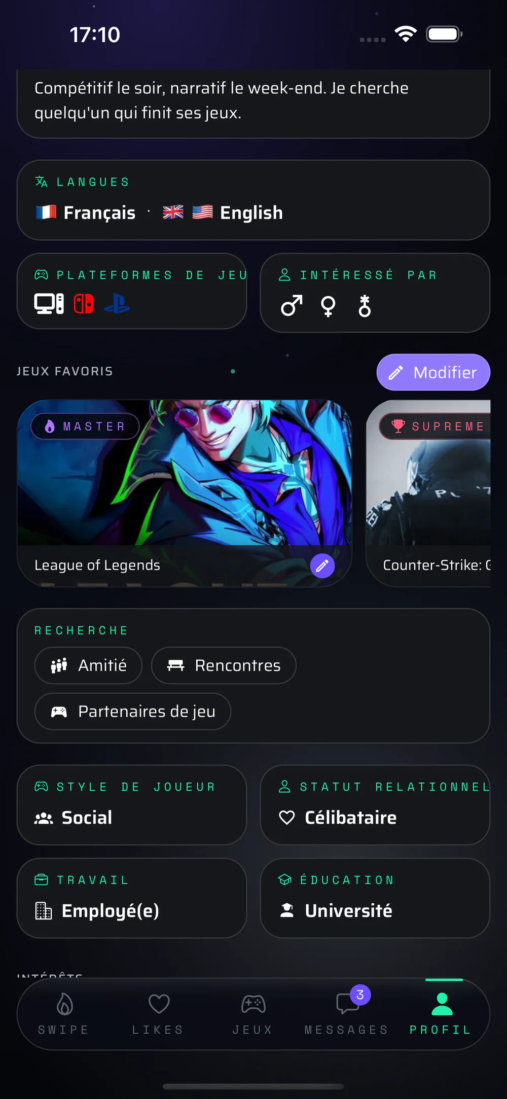 A filled-in profile: the bio, the languages, the gaming platforms, and the favourite games with the tier reached on each one.