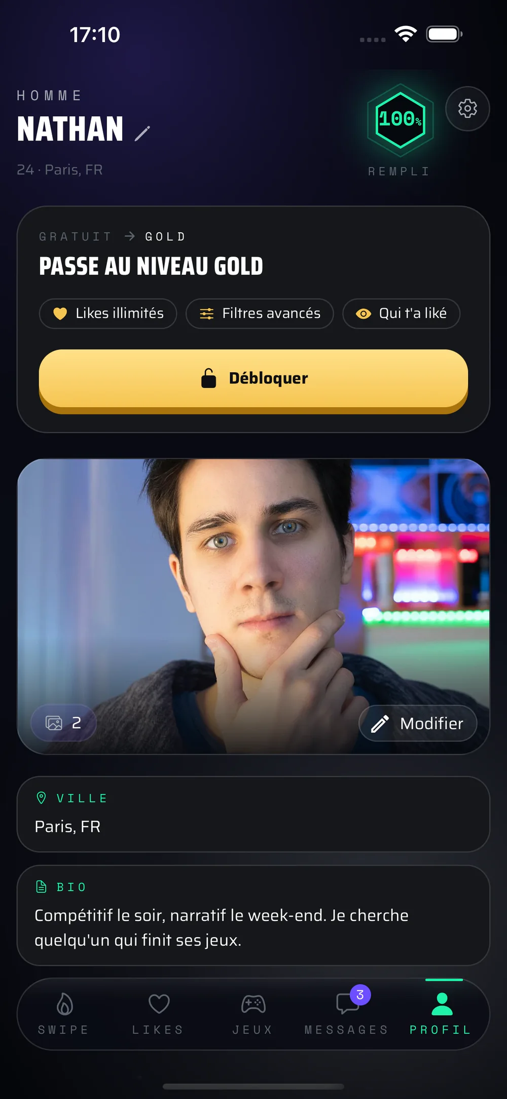 Your own profile: how complete it is, your photos, your city and your bio.