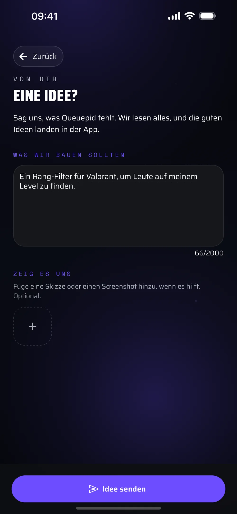Der Ideen-Bildschirm der App, mit der Idee eines Rang-Filters im Textfeld