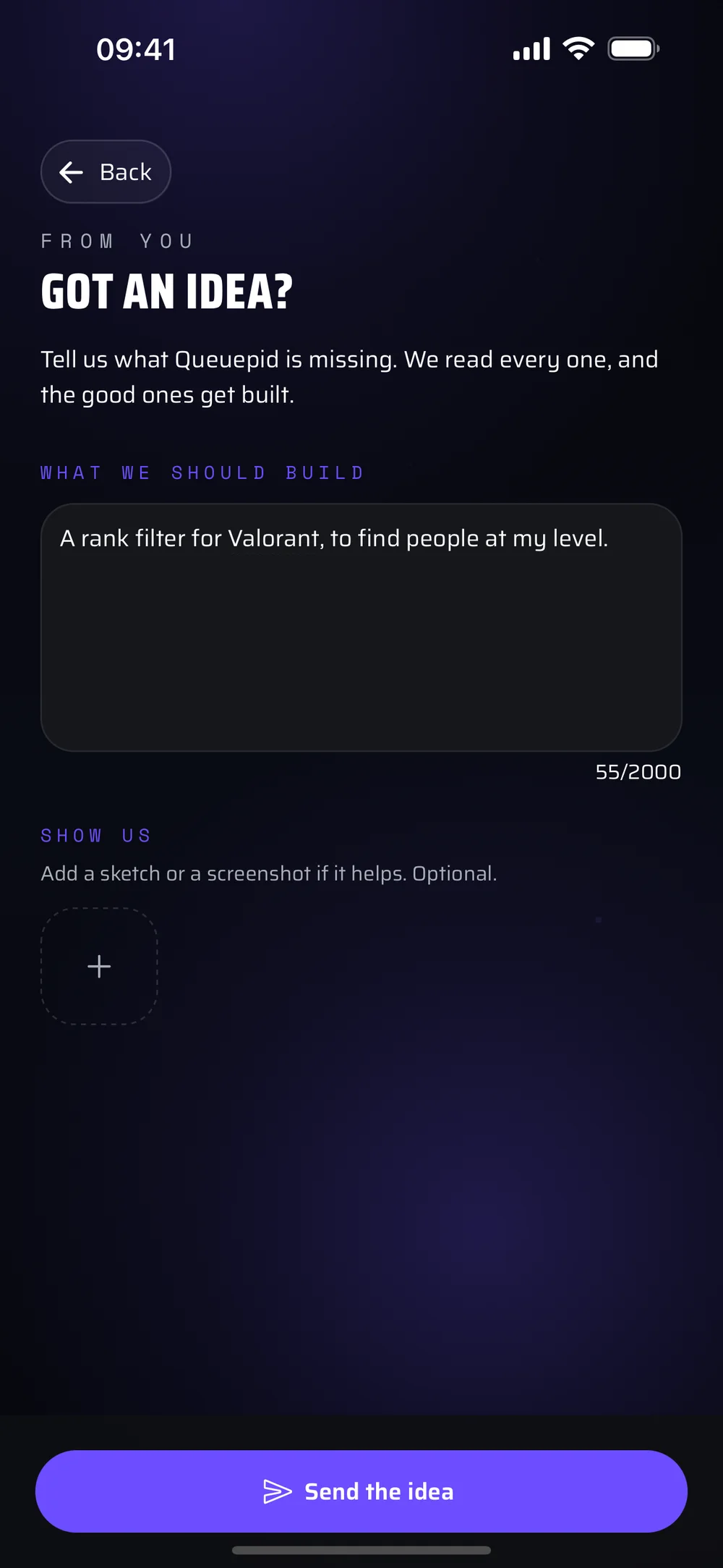 The app's idea screen, with an idea for a rank filter written in the text field