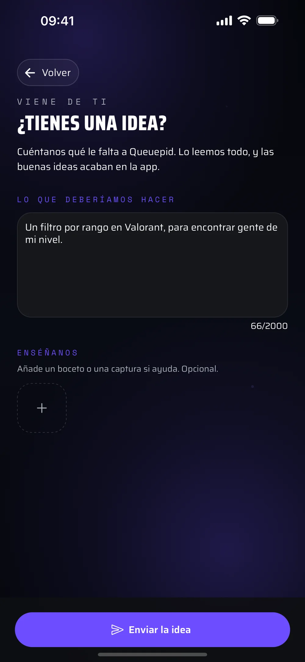 La pantalla de ideas de la app, con una idea de filtro por rango escrita en el campo