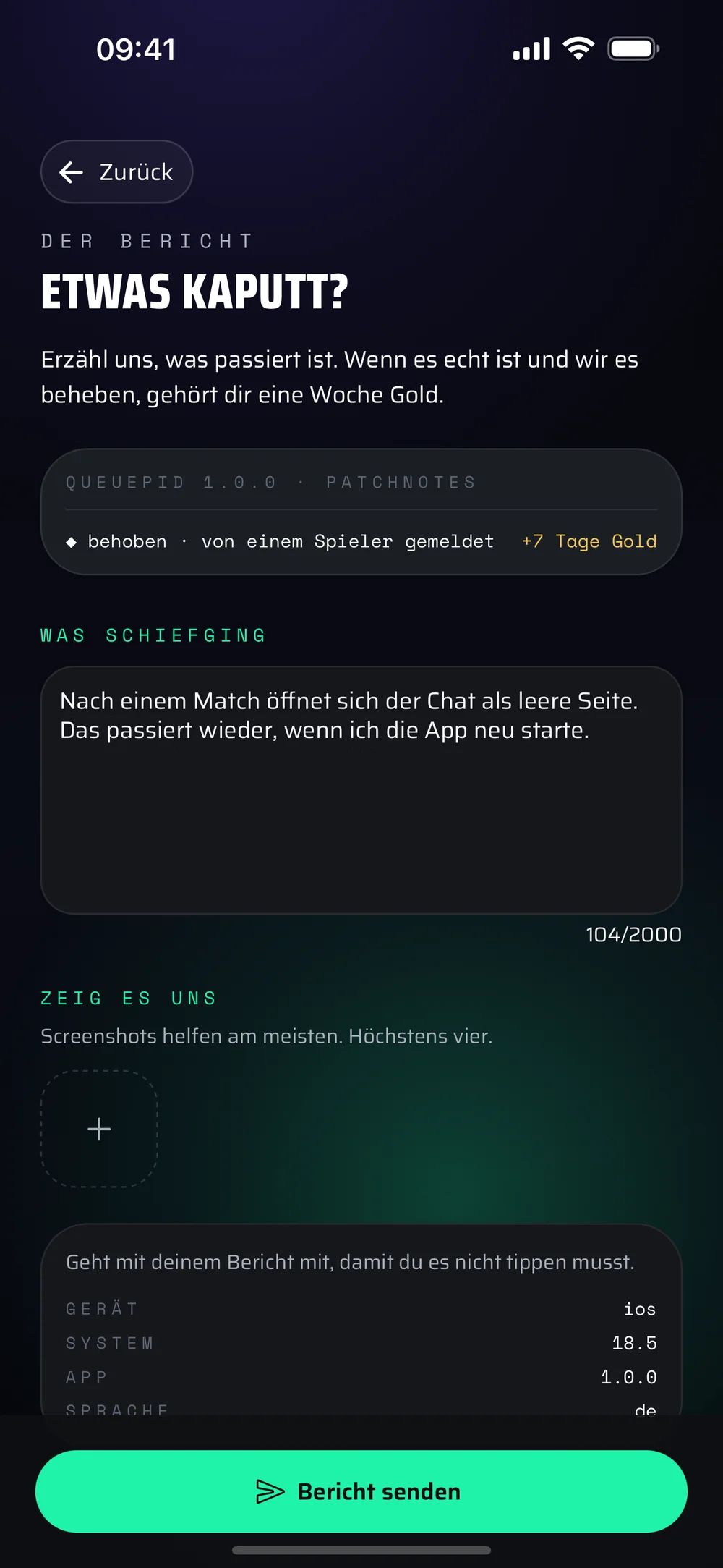 Der Bildschirm für Fehlermeldungen in der App, mit einem beschriebenen Fehler im Textfeld