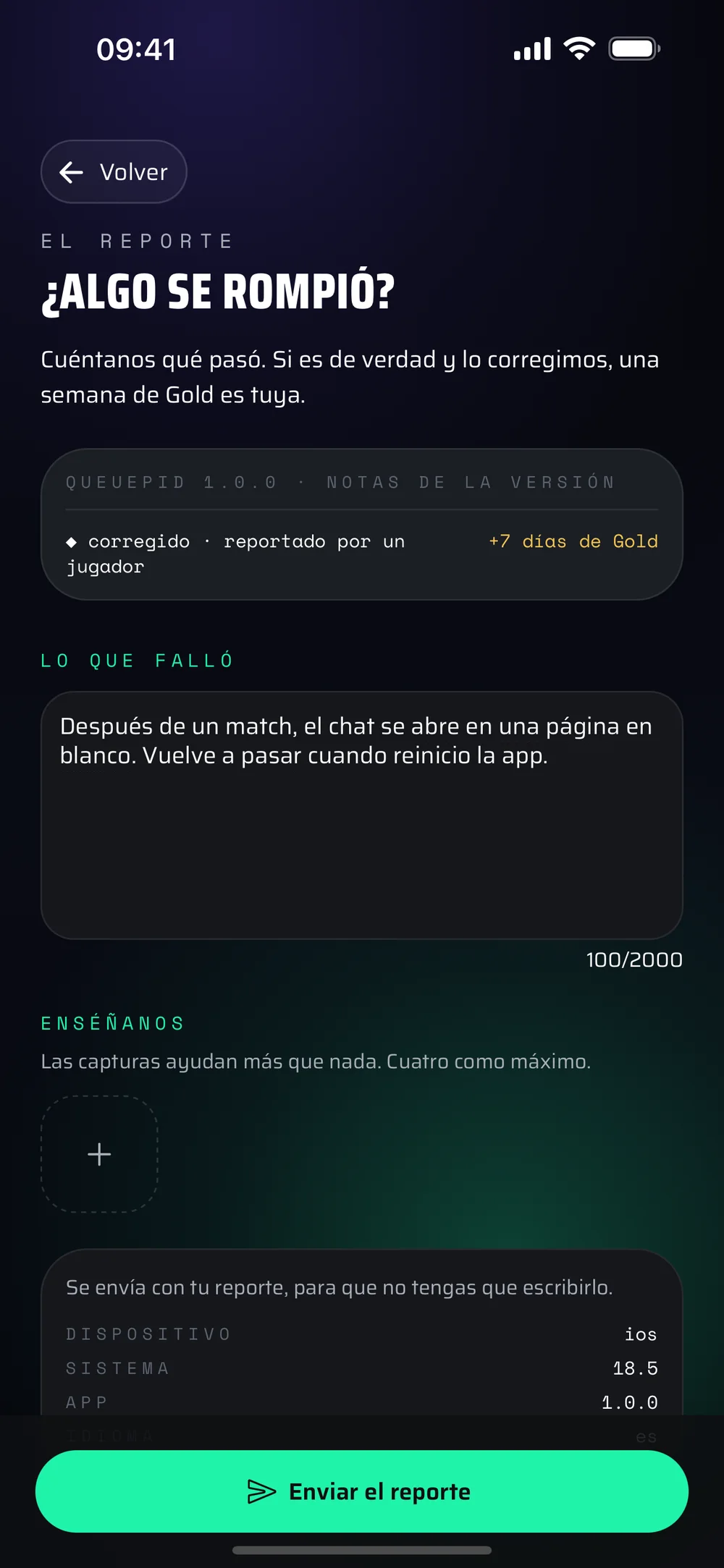 La pantalla de reporte de fallos de la app, con un fallo descrito en el campo