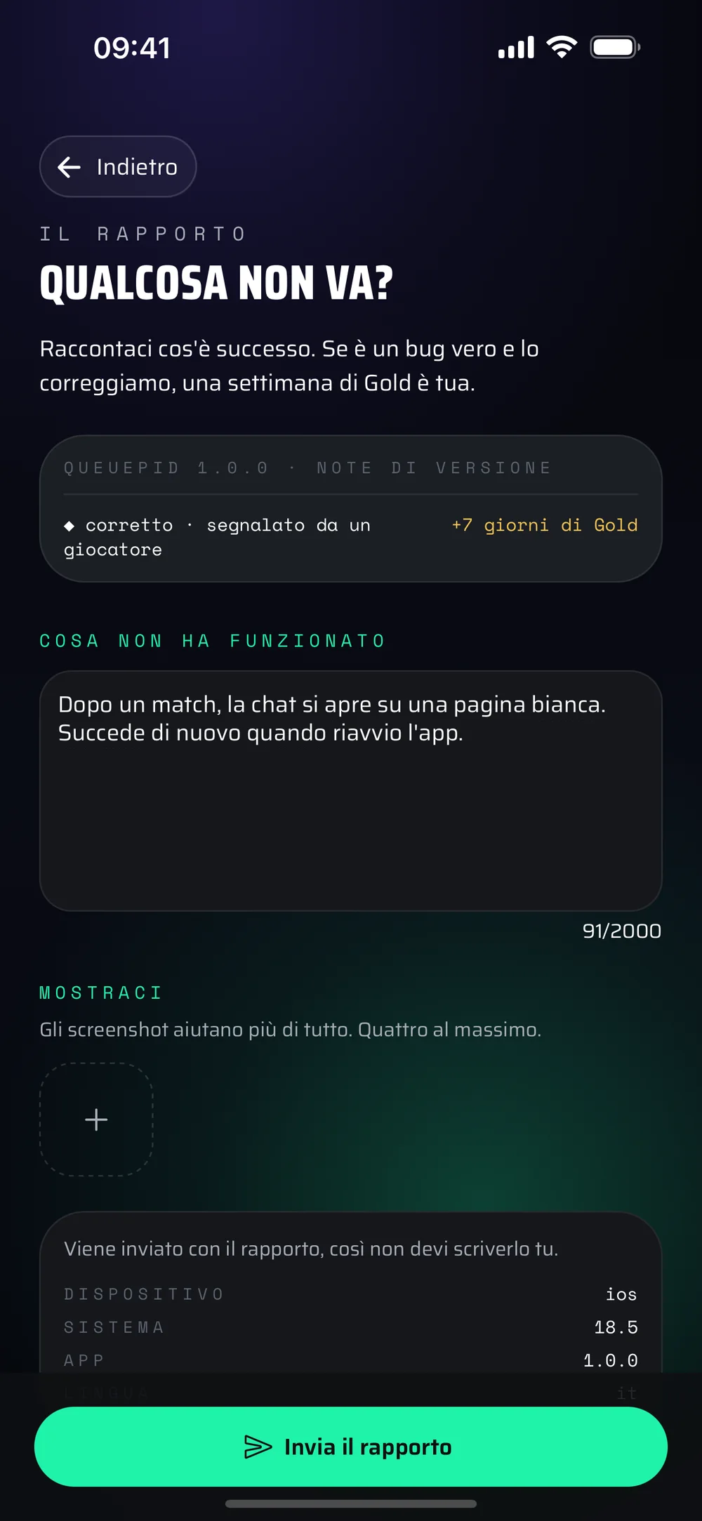 La schermata di segnalazione bug dell'app, con un bug descritto nel campo
