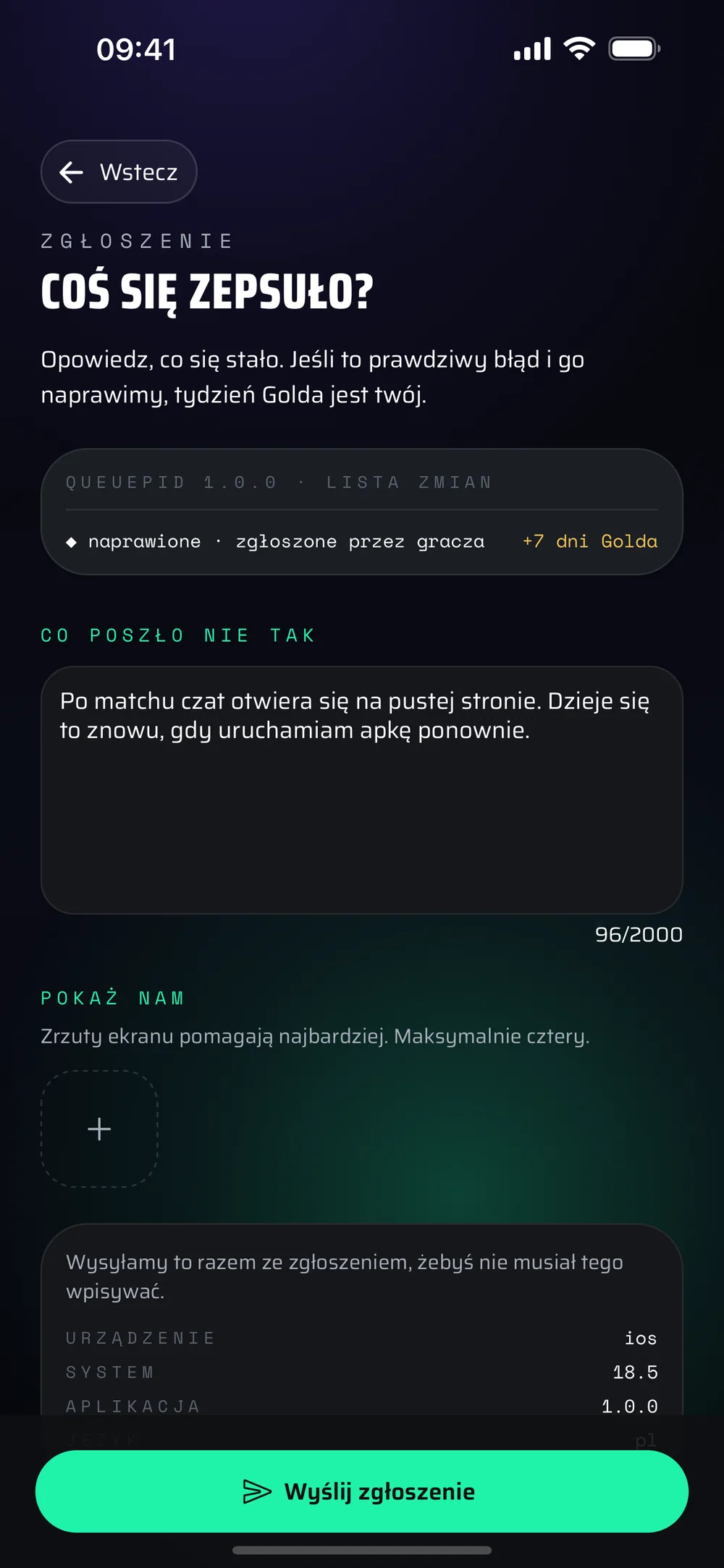 Ekran zgłaszania błędu w apce, z opisanym błędem w polu tekstowym