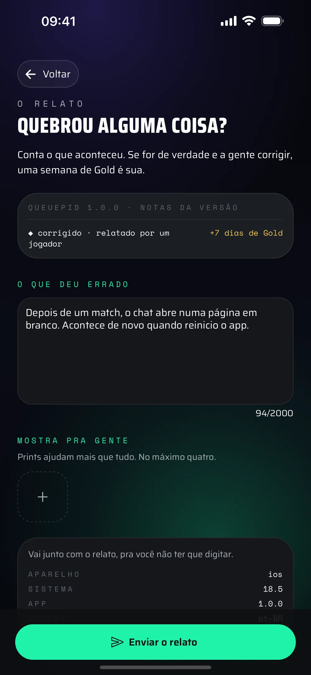 A tela de relato de bug do app, com um bug descrito no campo